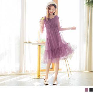 Long Sleeve Mesh Panel A-line Cocktail Dress