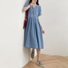 V-neck Two Tone Ruffle Button-up A-line Dress Blue - One Size