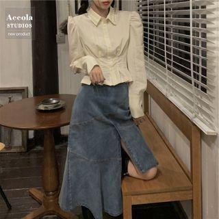 Pleated Peplum Crop Shirt / Irregular Denim Midi A-line Skirt