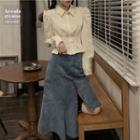 Pleated Peplum Crop Shirt / Irregular Denim Midi A-line Skirt