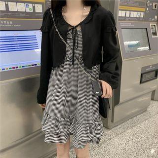Long-sleeve Shrug / Spaghetti Strap Houndstooth Dress