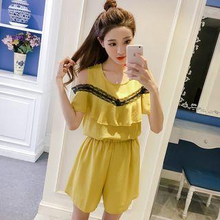 Set: Lace Trim Short-sleeve Chiffon Top + Shorts
