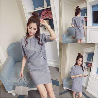 Mock Two-piece Short-sleeve Tie-waist Striped A-line Sheath Dress