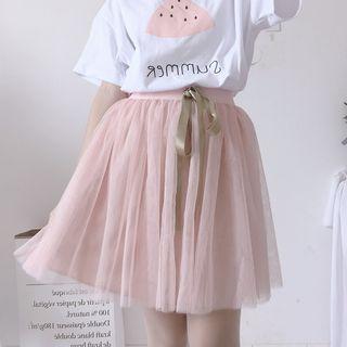 Print Short-sleeve T-shirt / Mesh Mini Skirt