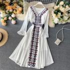 Long-sleeve Pattern Embroidered Midi A-line Dress