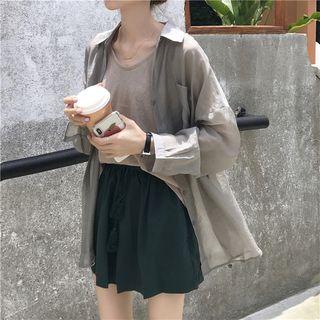 Plain Long-sleeve Loose-fit Shirt / Tank Top / Shorts