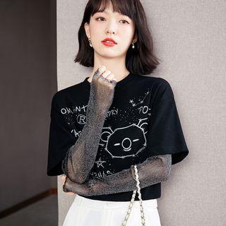 Mock Two-piece Mesh Panel Printed T-shirt