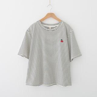 Embroidered Striped Elbow-sleeve T-shirt