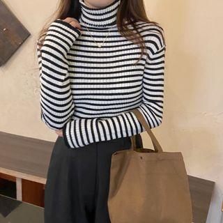 Turtleneck Striped Knit Top Premium Edition - Black & White - One Size