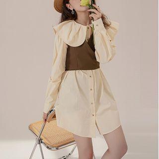 Long-sleeve Collar Mock Two-piece Mini Shirtdress