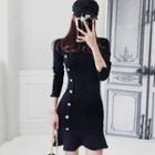 Long-sleeve Single-breast Knit Dress