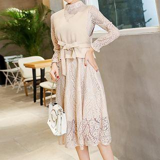 Set: Lace Long Sleeve Midi Dress + Knit Vest