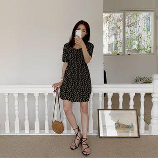 Square-neck Floral Dress Black - One Size