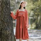 Set: Light Jacket + Spaghetti Strap Embroidered Midi Dress