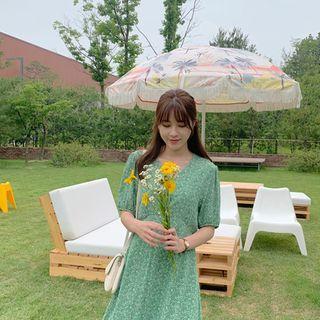 V-neck Tie-waist Floral Dress Light Green - One Size