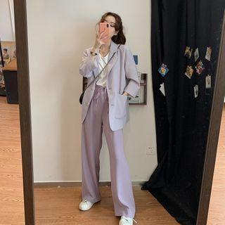 Set: Plain Blazer + T-shirt + Straight-leg Pants