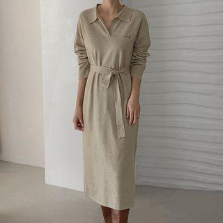 Collared V-neck Long Knit Dress With Sash