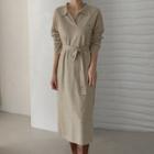 Collared V-neck Long Knit Dress With Sash