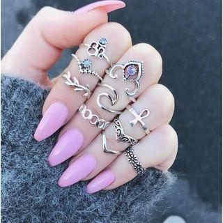 Set Of 10 : Faux Crystal / Alloy Ring (assorted Designs) Set Of 10 - Silver - One Size