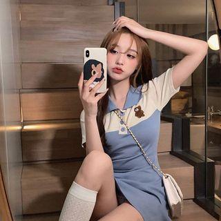 Short-sleeve Polo-neck Two-tone Mini Sheath Dress
