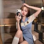 Short-sleeve Polo-neck Two-tone Mini Sheath Dress