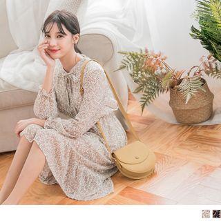 Floral Print Long Sleeve Lace-up Dress