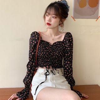 Long-sleeve Floral Print Drawstring Blouse
