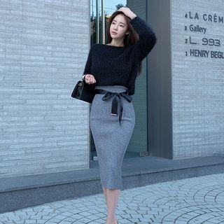 Set: Plain Furry Sweater + Plain Midi Pencil Skirt
