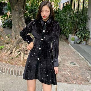 Balloon-sleeve Dotted Velvet A-line Dress