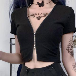 Short Sleeve Zip-up Crop Top
