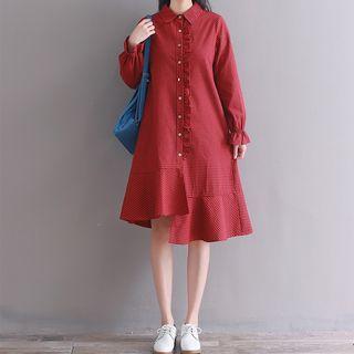 Checked Ruffle Hem Long-sleeve Shirtdress