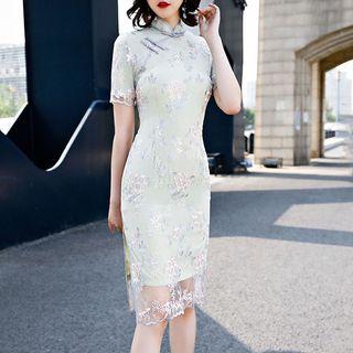 Floral Lace Cap-sleeve Cheongsam