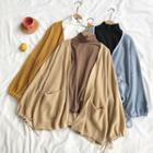 Plain Double-pocket Lace-up Puff-sleeve Cardigan