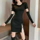 Plain Slit Mini Bodycon Dress Black - One Size