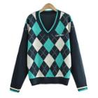 Lettering Argyle V-neck Sweater