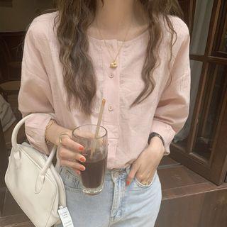 Long-sleeve Plain Top Mauve Pink - One Size
