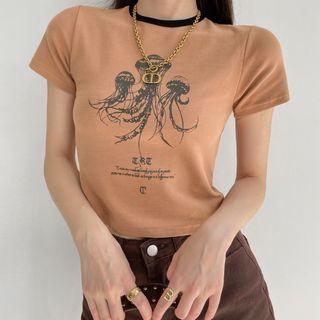Color Panel Round-neck Jellyfish Print Short-sleeve Cropped Tee