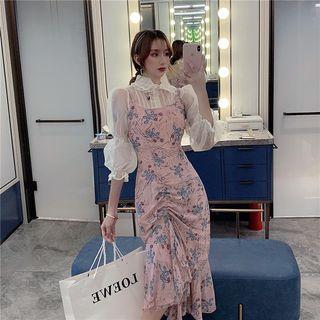 Puff-sleeve Blouse / Print Spaghetti-strap Midi Dress