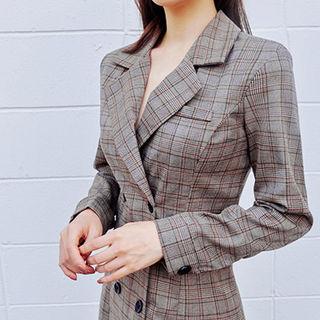 Glen-plaid Double-breasted Mini Coatdress