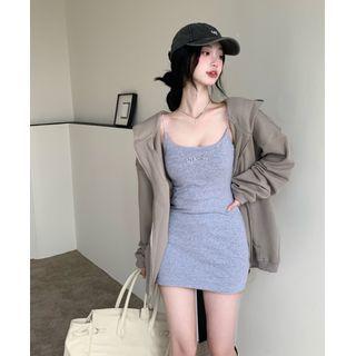 Spaghetti Strap Lettering Mini Bodycon Dress / Zip-up Hoodie
