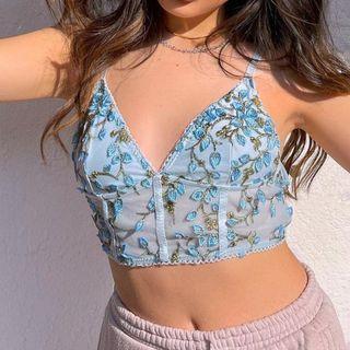 V-neck Floral Mesh Crop Camisole Top