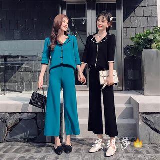 Set: Contrast Trim Elbow-sleeve Blouse + Cropped Wide-leg Pants