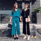 Set: Contrast Trim Elbow-sleeve Blouse + Cropped Wide-leg Pants