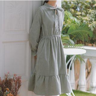 Long-sleeve Frill Trim Corduroy A-line Midi Dress