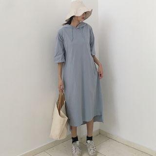 Plain Elbow-sleeve Hoodie Dress
