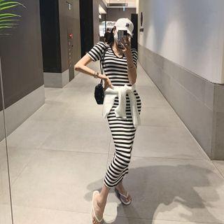V-neck Stripe Maxi Bodycon Dress