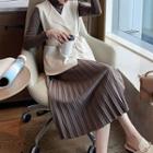 Set: Vest + Long-sleeve Top + Midi Pleated Skirt