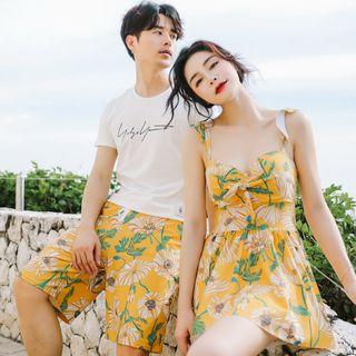 Couple Matching Floral Print Swim Shorts / Open-back Swimdress