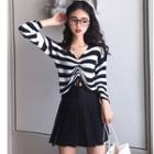 V-neck Drawstring Striped Knit Top / Pleated A-line Skirt