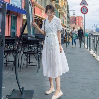 Short-sleeve Double Breasted Pleated Paneled A-line Midi Dress